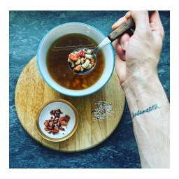CHICKEN & BLACK EYED PEA BROTH WITH CRISPY BACON & DATES