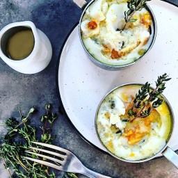 TRUFFLE BAKED EGGS WITH BLUE CHEESE & ARTICHOKES