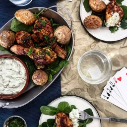 BEER & CARAWAY GLAZED CHICKEN WITH MINI JACKETS & BLUE CHEESE SAUCE