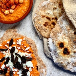 WHOLEMEAL FLATBREADS WITH FETA & RED PEPPER HUMMUS
