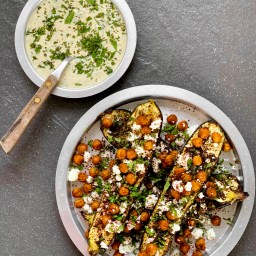 COURGETTES WITH BAKED CHICKPEAS, FETA & MINT YOGURT