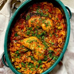 PICKLED LEMON, OLIVE & TOMATO CHICKEN BAKE WITH ORZO