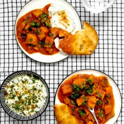 AUBERGINE & SWEET POTATO CURRY WITH COCONUT RAITA